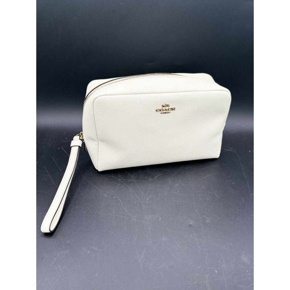 COACH Leather Cosmetic Bag White Makeup Pouch Travel Toiletry Case Medium 8"